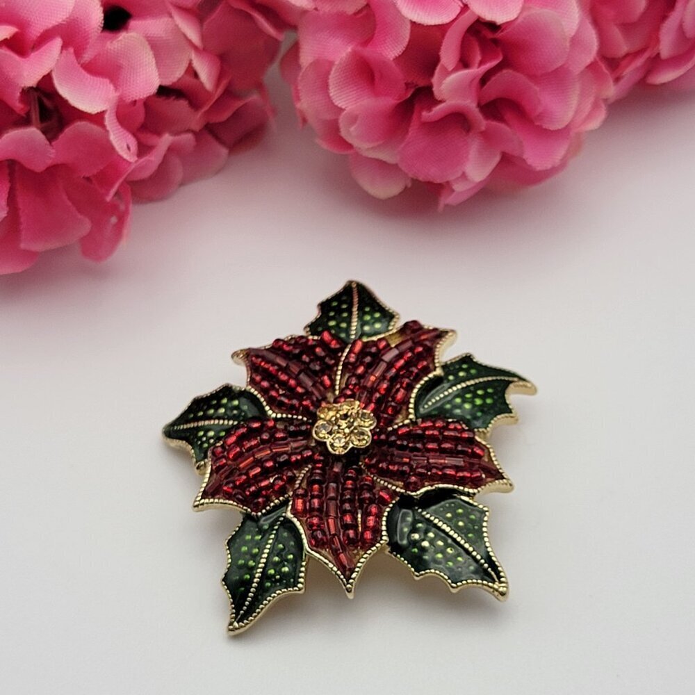 Vtg. Liz Claiborne LC Crystal Poinsettia Brooch 2" Gold Plated Christmas Jewelry